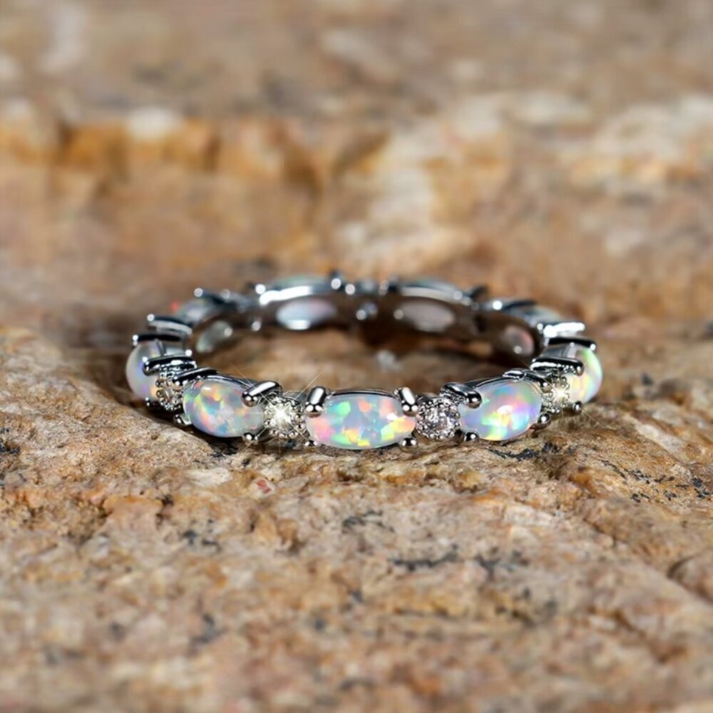 NEW 14k White Gold Opal Ring Band Dainty Eternity Ring Band